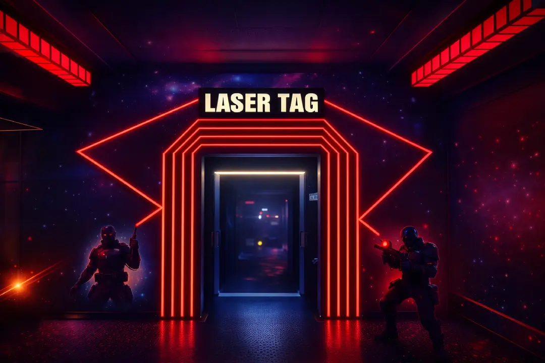 Laser tag arena with neon lights and fog